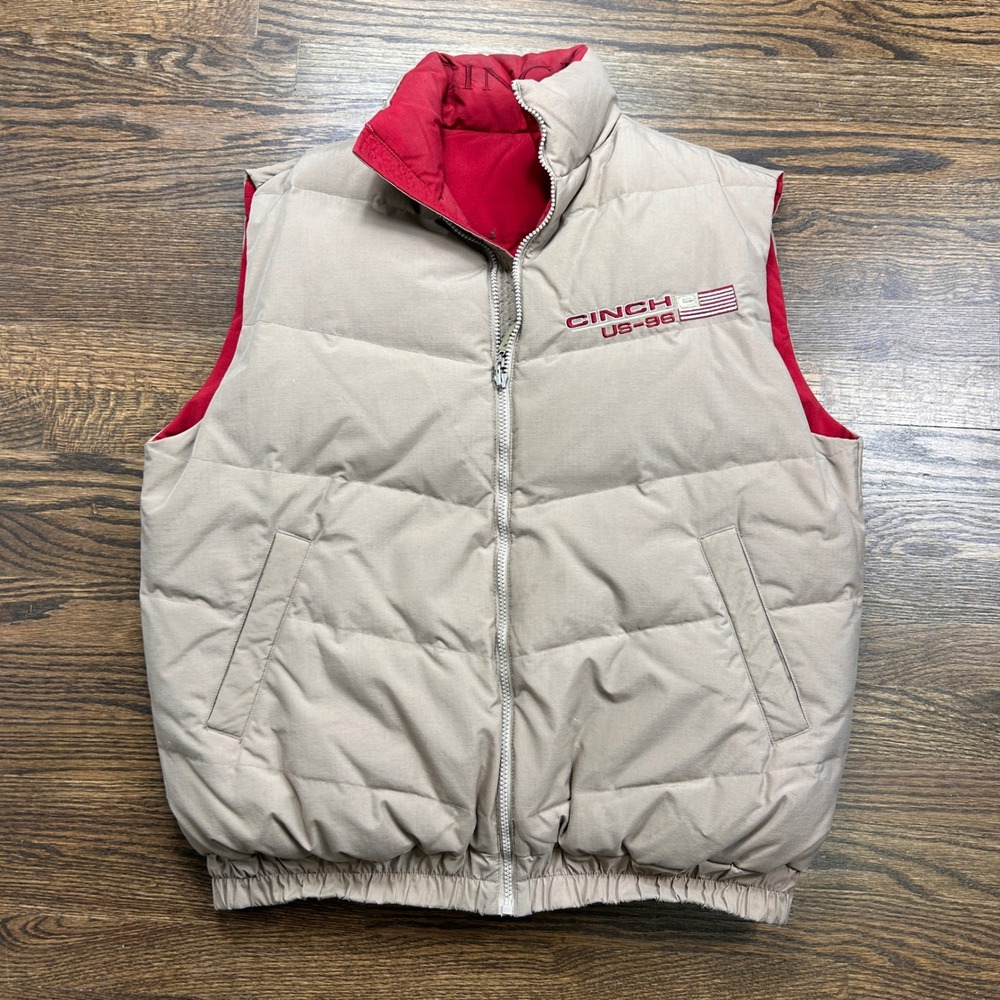 Cinch US-96 Reversible Puffer Vest Mens XL Tan Red Ripstop Western Zip Up